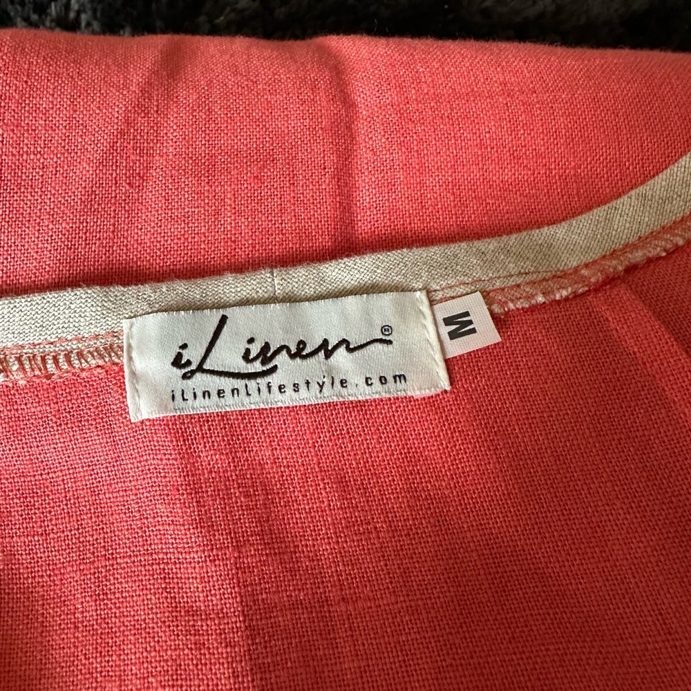 I Linen Crew Neck Sleeveless Dress in Coral with Natural Colored Trim size M - Picture 3 of 8